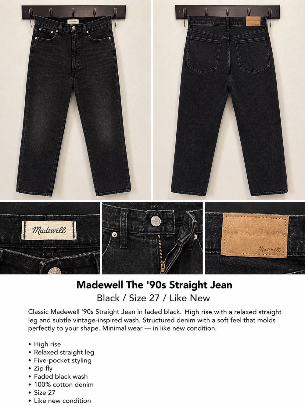 Madewell The ’90s Straight Jeans Black Wash Size 27 Like New